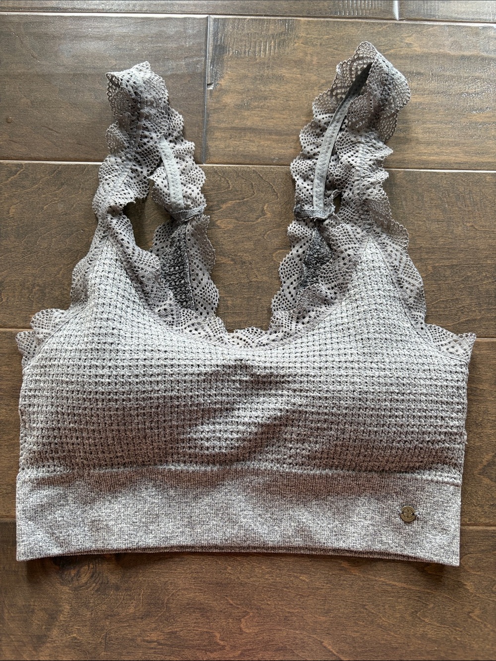 Lucky Brand Waffle Knit Lace-Trim Bralette — Light Gray M